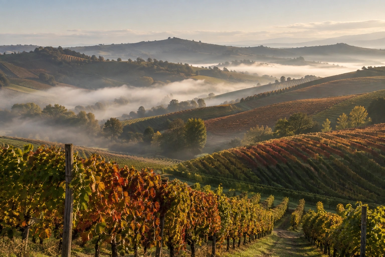 Illustrative editorial scene: Layered vineyard hills in autumn mist inspired by the Langhe