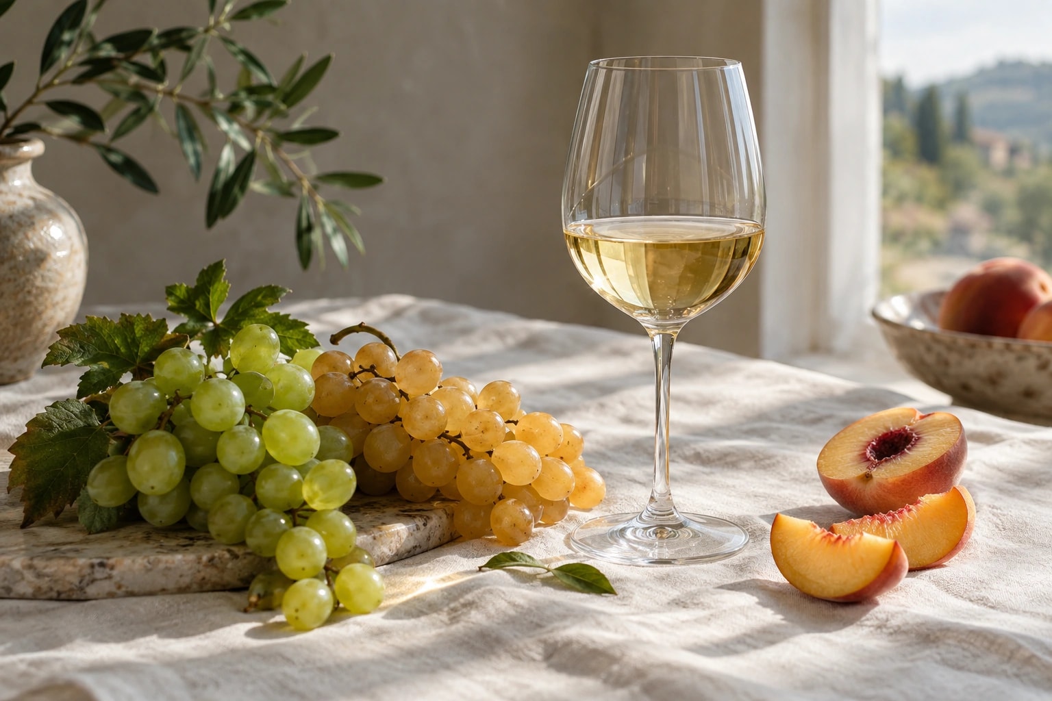Illustrative editorial scene: Two grape clusters, a white wine glass and peach slices on ivory linen