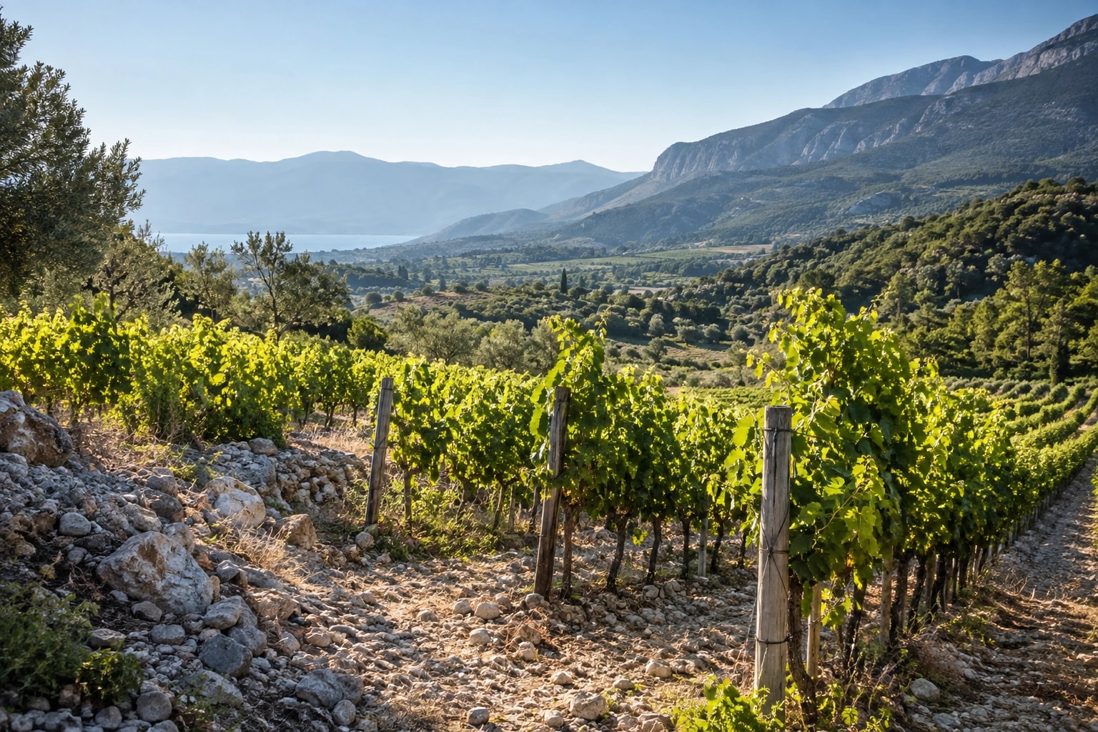 Illustrative editorial scene: Green vines and dry stony ground inspired by western Türkiye