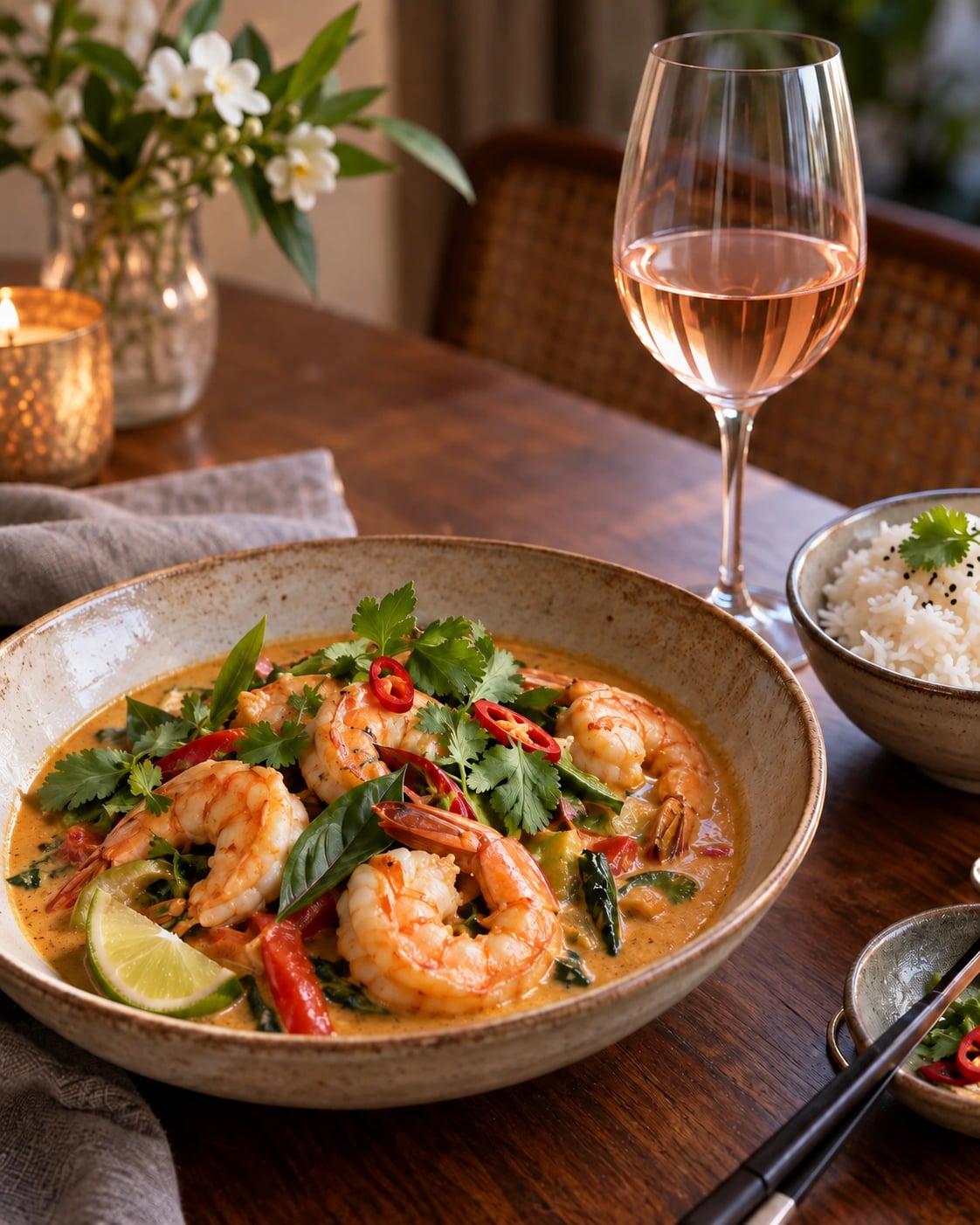 Thai prawn curry with rice and a pale pink rosé glass