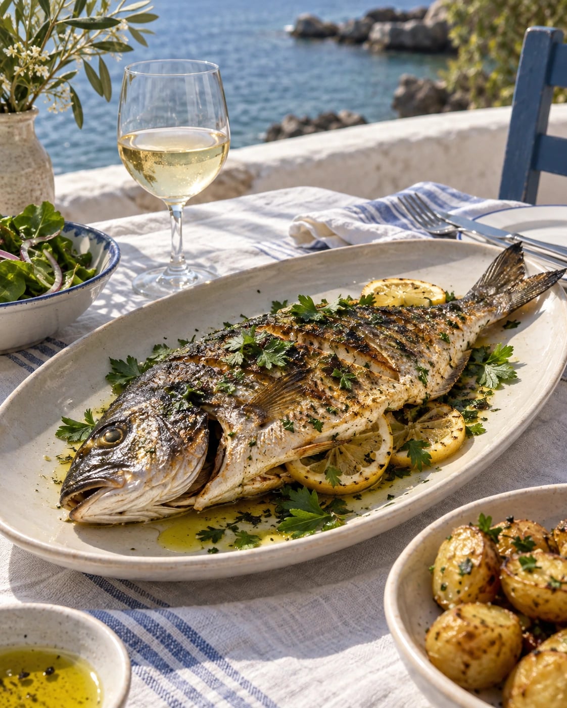 Grilled fish with lemon and parsley beside white wine