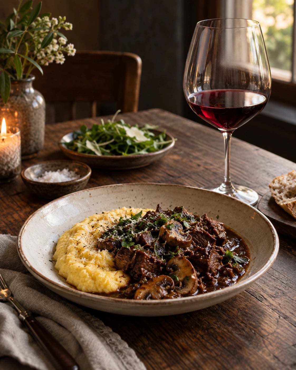 Beef and mushroom ragout with polenta beside red wine