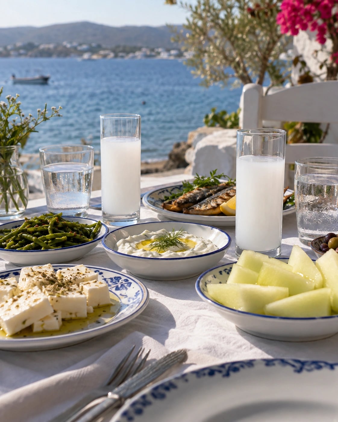 Turkish cold meze with traditional rakı glasses and separate water glasses