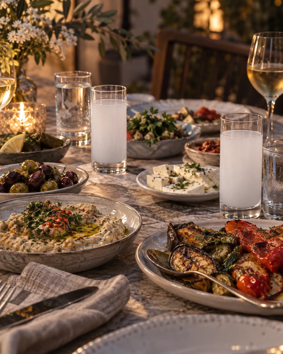 Meze and roast vegetables with traditional rakı and water glasses