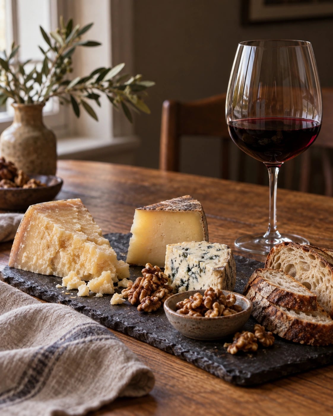 Mature cheese, sourdough and walnuts beside ruby Cabernet