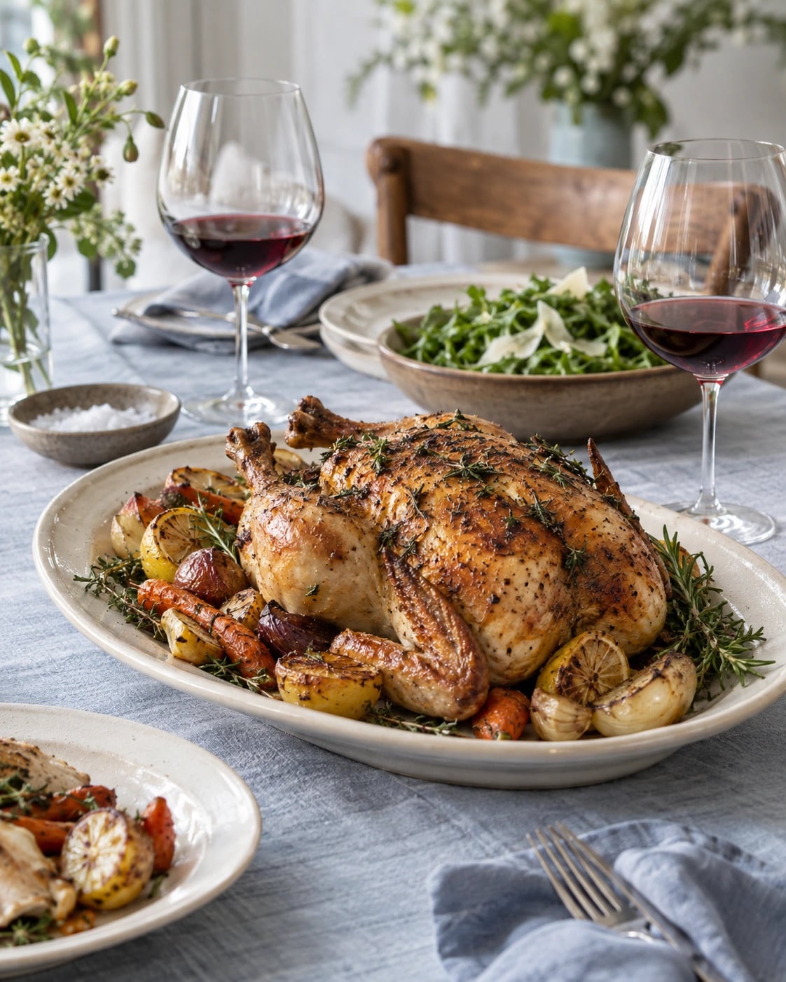 Herb-roasted chicken with glasses of light red Pinot Noir