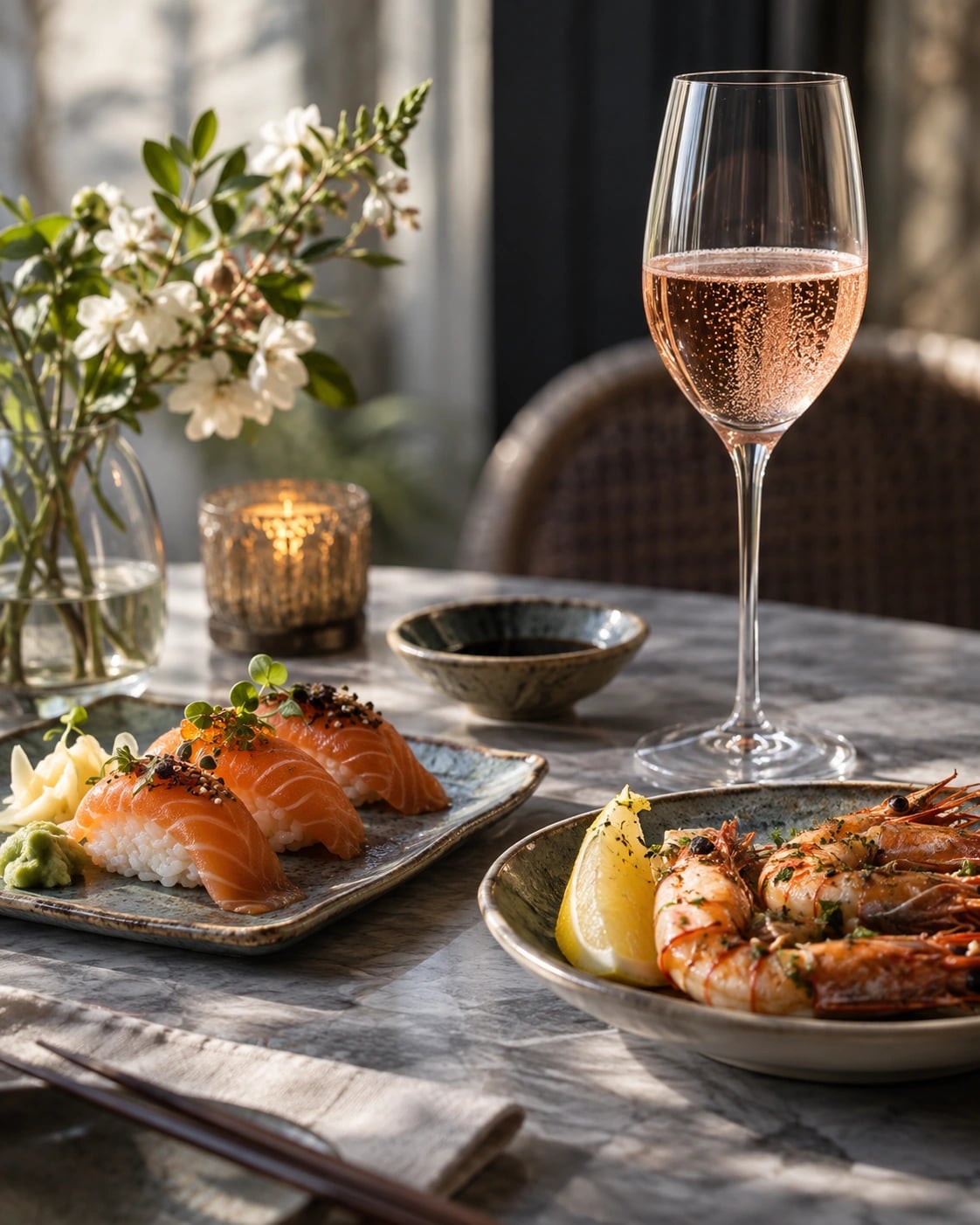 Salmon sushi and prawns with rosé sparkling wine in a tulip glass
