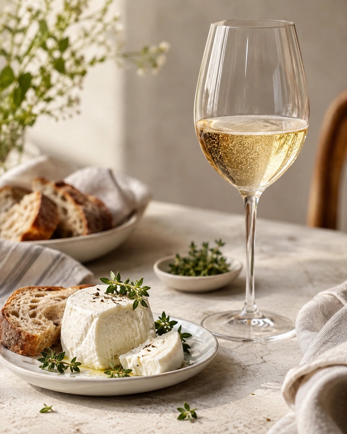 Fresh goat cheese and bread beside a tulip glass of Champagne