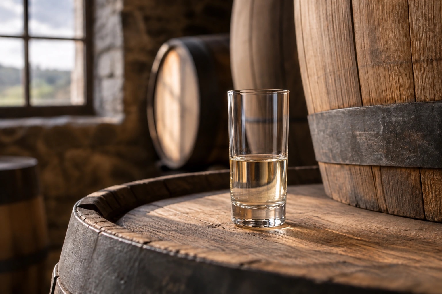 Illustrative editorial scene: Oak barrel staves beside a small glass of pale golden spirit
