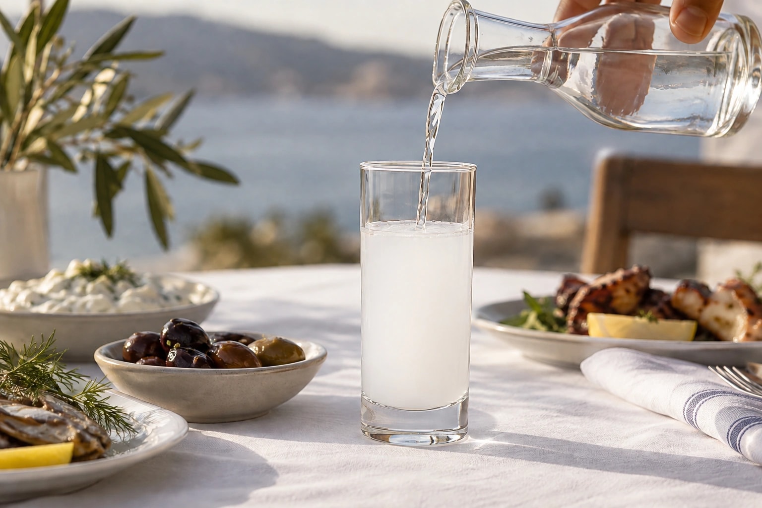 Illustrative editorial scene: Water poured into a straight-sided rakı glass, turning the spirit cloudy