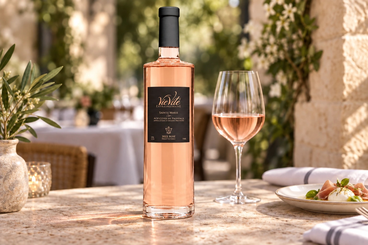 VieVité Extraordinaire with a rosé glass on a shaded stone restaurant terrace